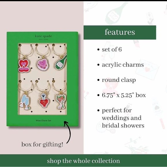 kate spade new york Wedding Cake Toss Wine Charm Set of 6 - Picture 2 of 4